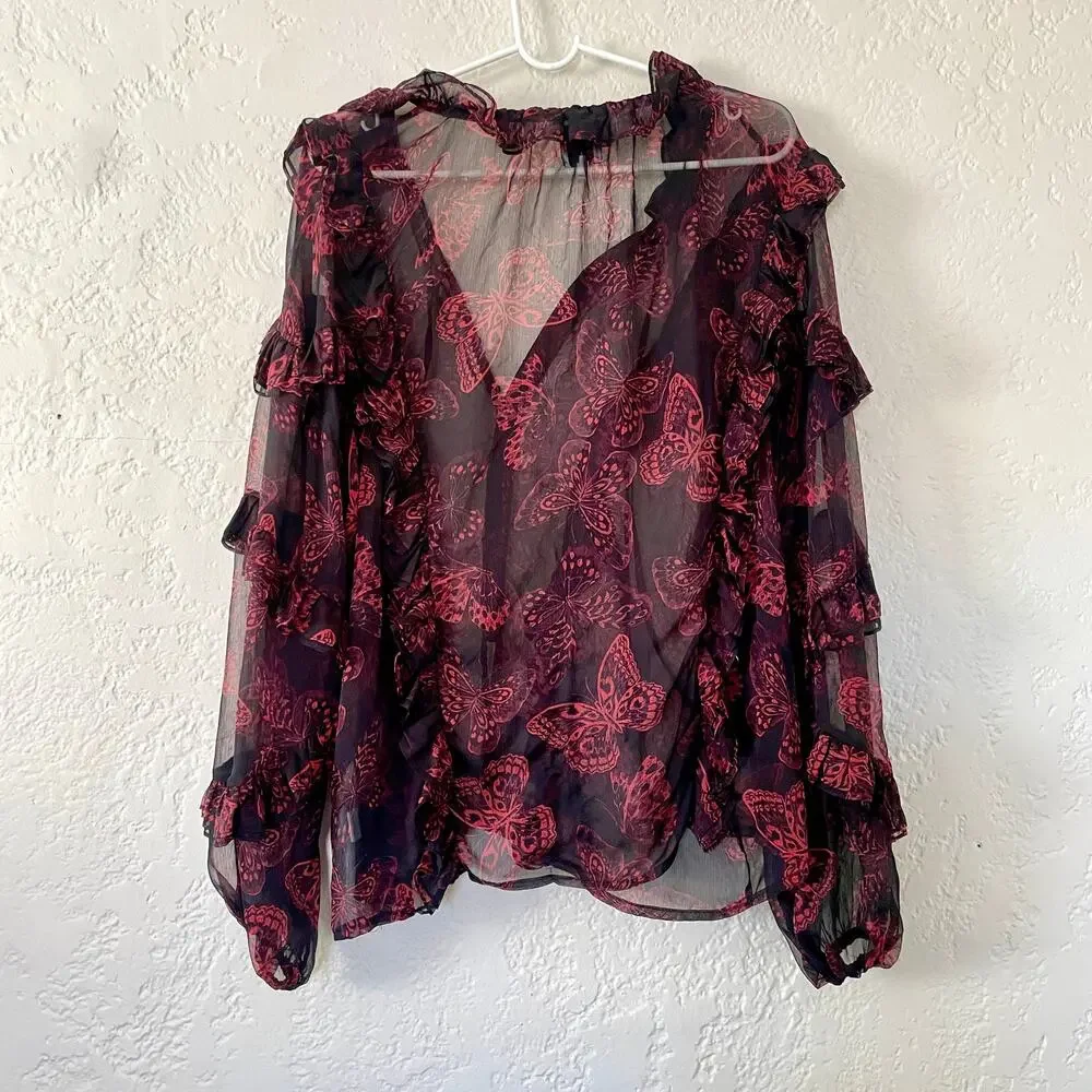 MISA Los Angeles Frida Butterfly Sheer Blouse Ruffle Puffy Sleeves sz XS X-Small - Picture 12 of 13